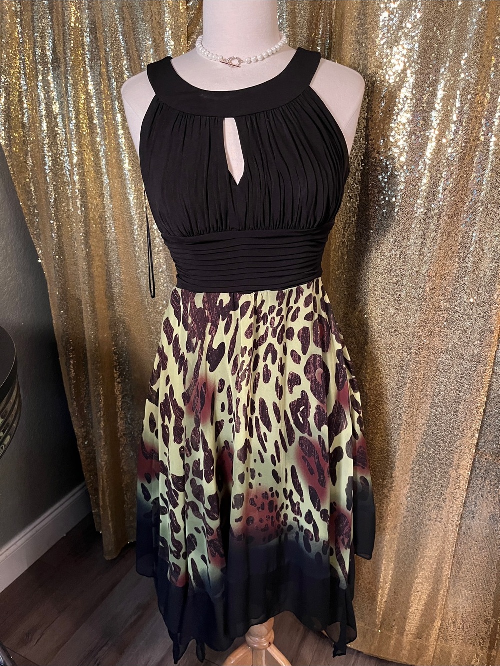 Signature by Sangria Black Bodice with Leopard-Print High-Low Skirt